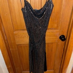 Zara sparkle midi cross back dress with fringe belt.